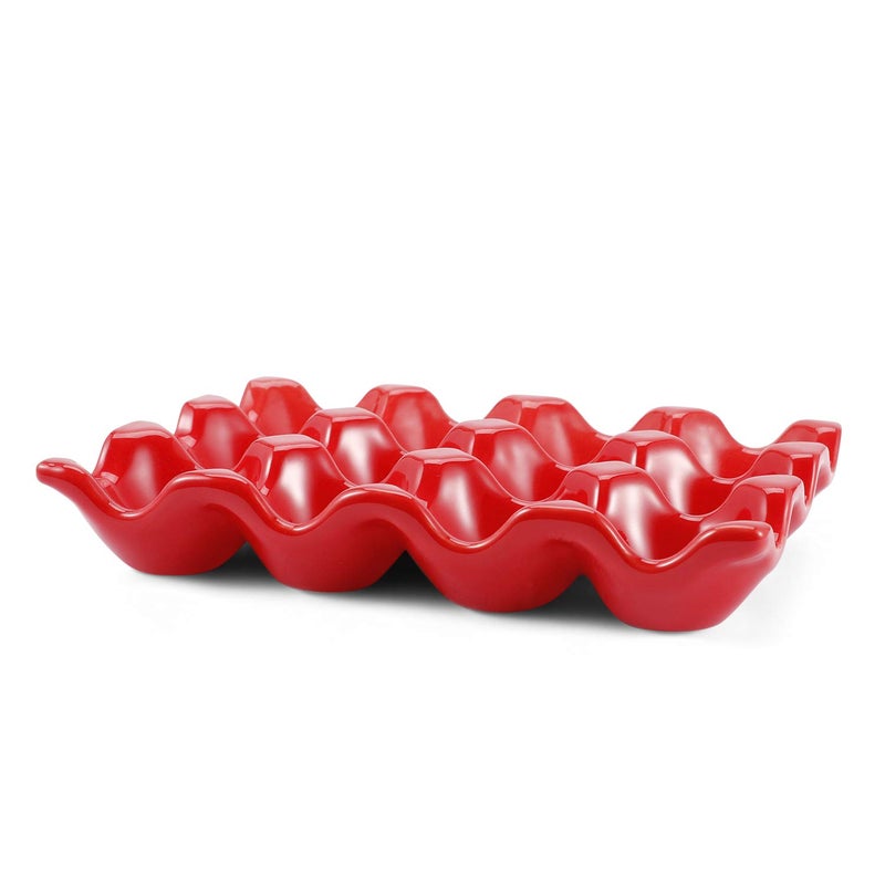 Flexzion Ceramic Egg Holder for Fridge - 12 Cups Egg Tray Whole Dozen Porcelain Container Keeper Storage Organizer Decorative Serving Stand Serveware for Countertop Display Kitchen (Red) - Image 2